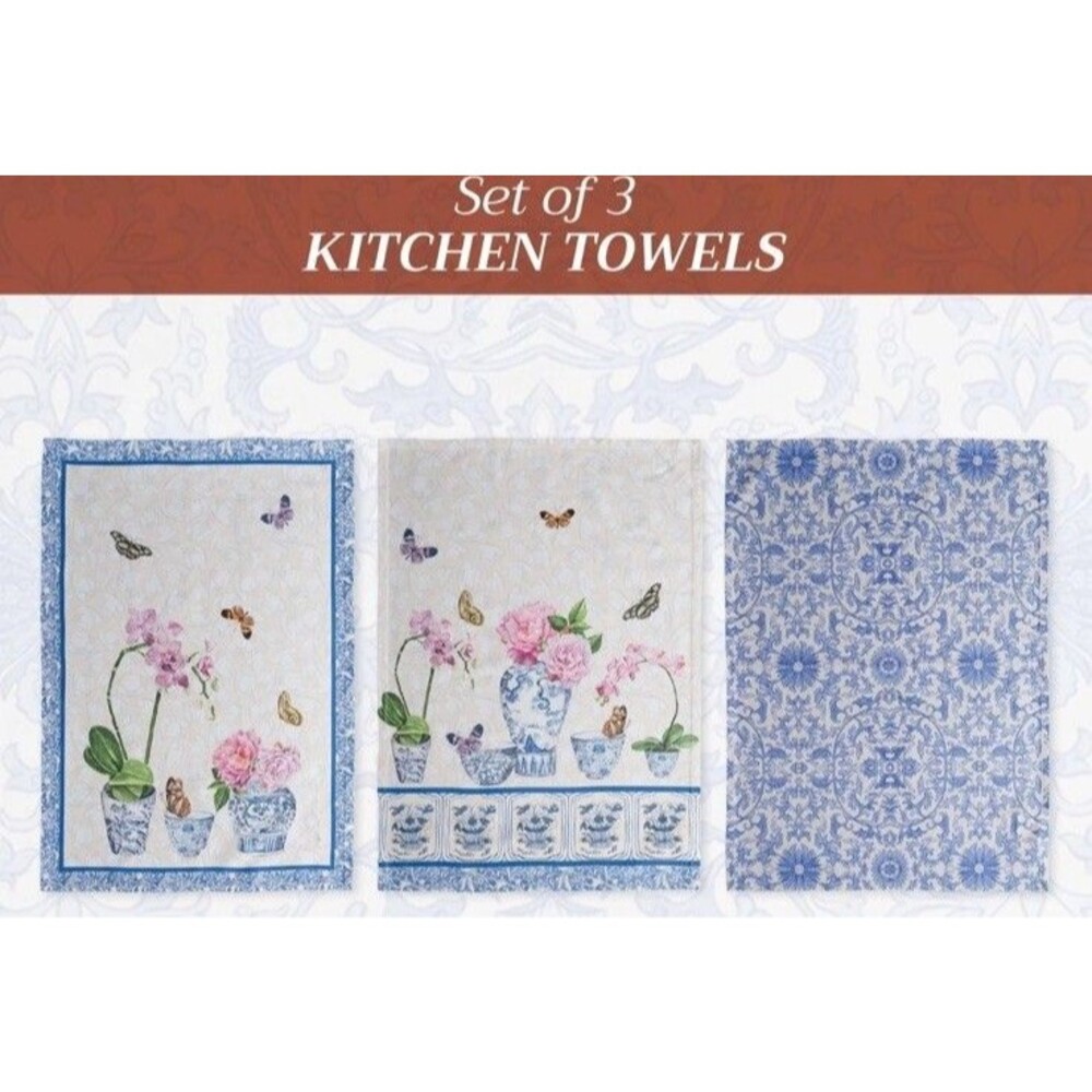3 Maison d' Hermine Kitchen Towels Cotton 27.50" x 20" Floral Blue Butterfly